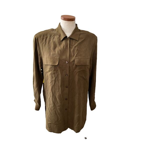 Vintage Jones New York Olive Green Silk Button Down Shirt 8 - Picture 1 of 5